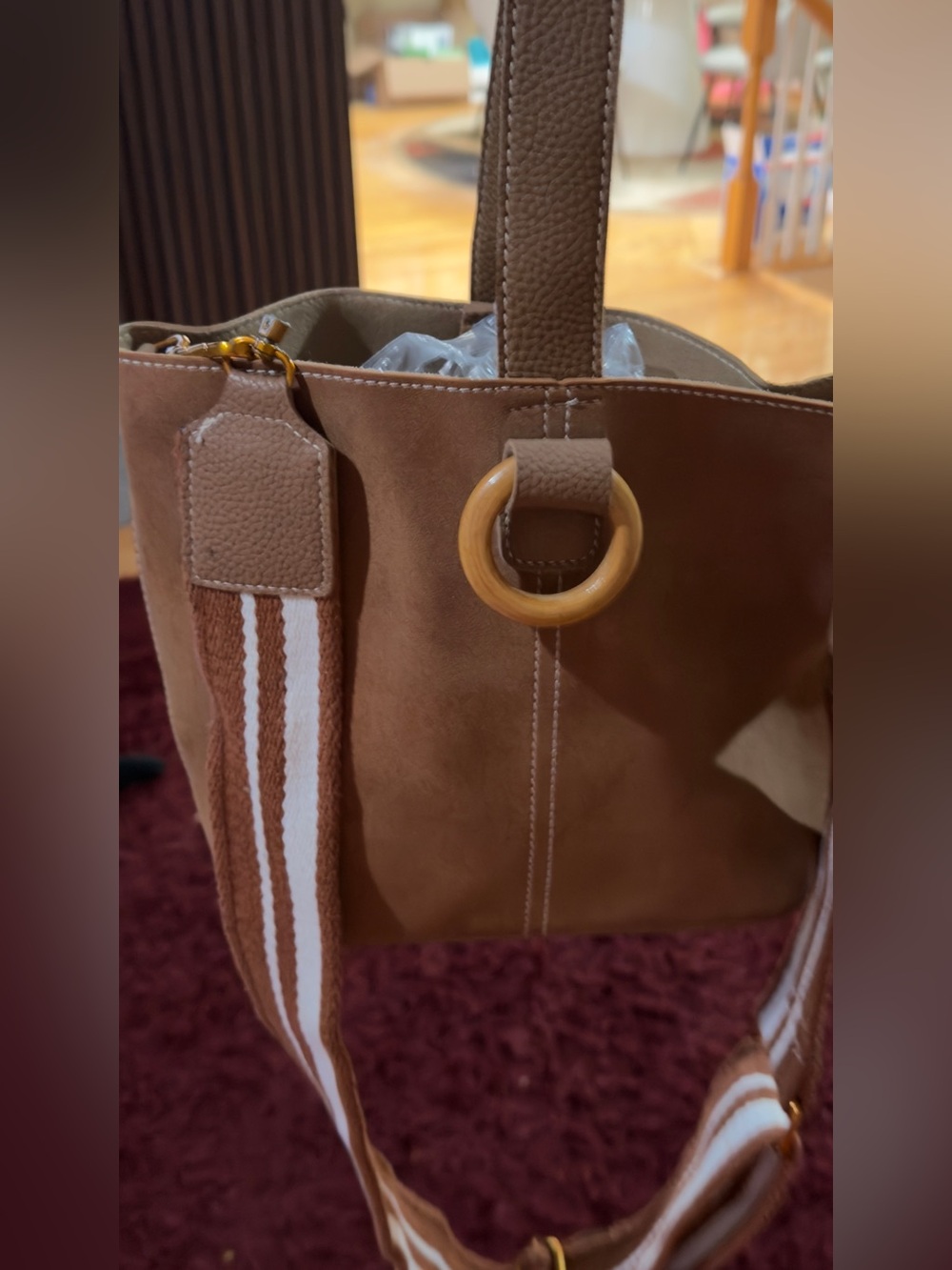 Women’s Tan Suede Tote Bag with Striped Strap